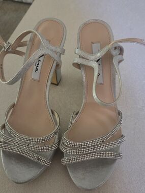 Nina Shoes Silver Crystal-Strap Block Heels